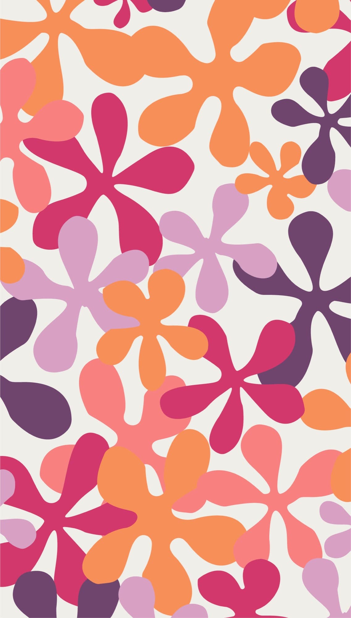 Cheerful Periwinkle floral repeat pattern in orange, pink, and purple